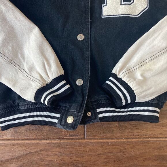 ZARA Varsity Bomer Letterman Jacket Limited Girls Large 13-14 Black DENIM Crop - Picture 3 of 10